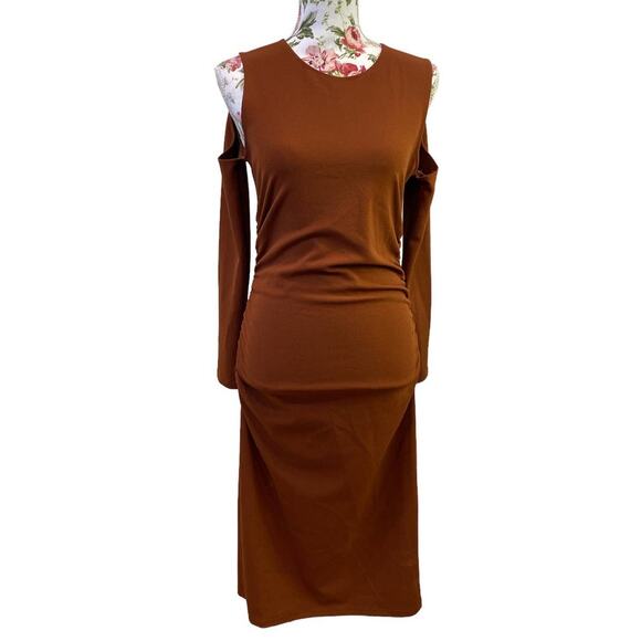 ZARA NWOT Cut Out Rushed Brown Dress Long Sleeve Medium - Picture 1 of 6